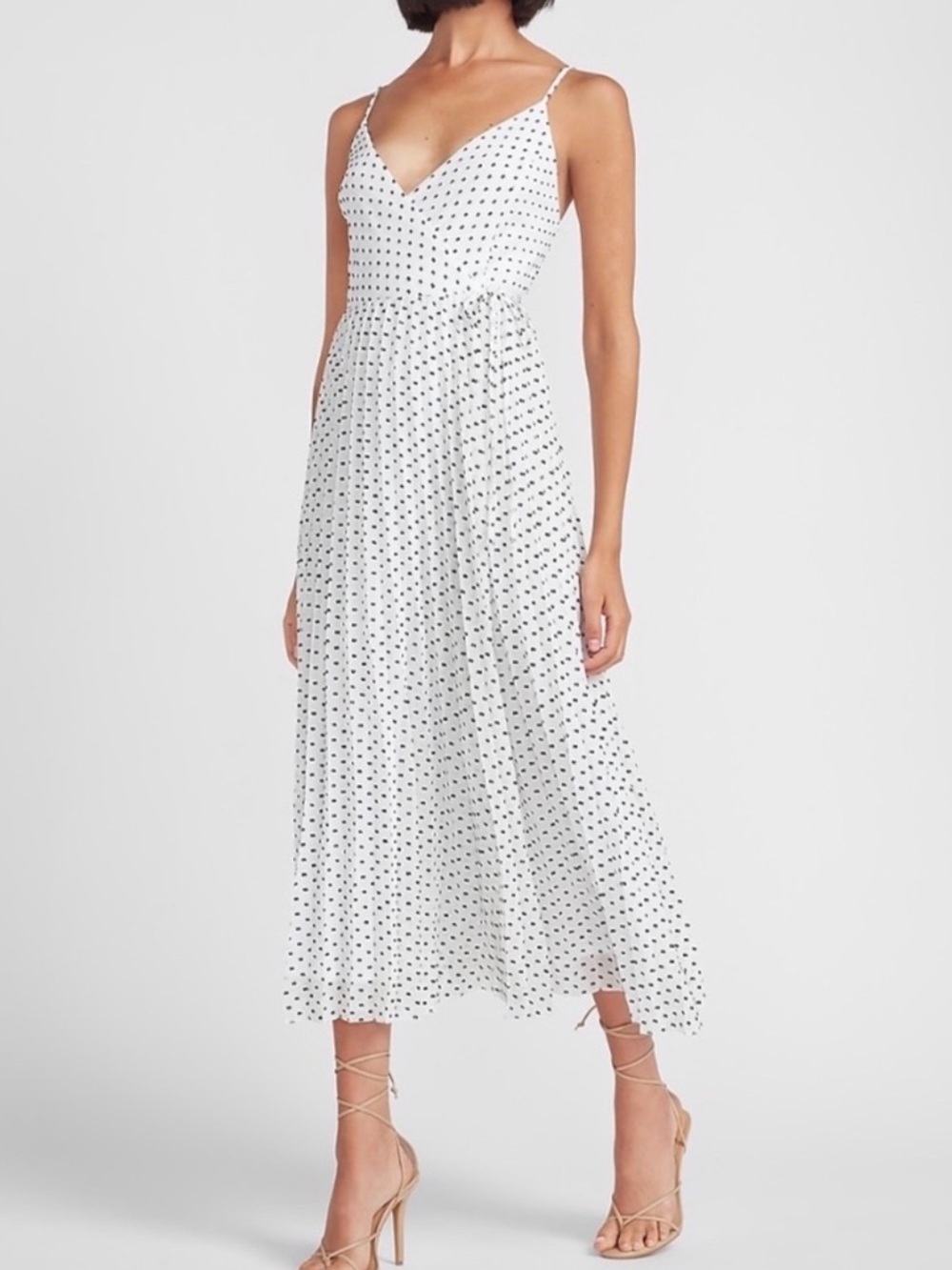 Express White and Black Polka Dot Pleated Wrap Midi Dress Size S